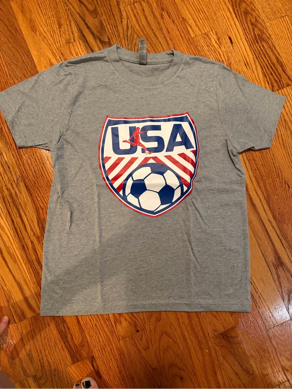 Next Level Apparel Gray Kids USA Soccer Crest Tee with Red & Blue Accents